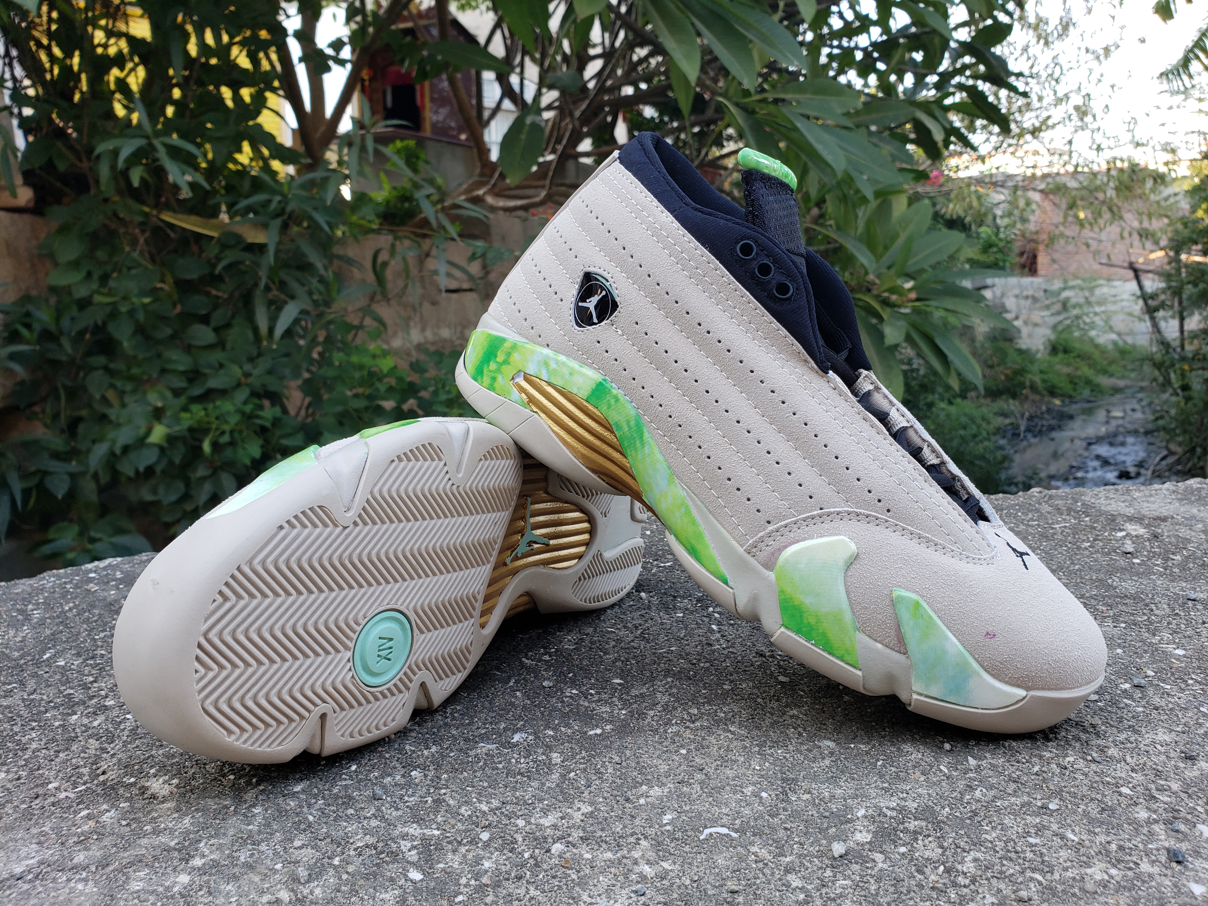 New Air Jordan 14 Retro Grey Green Black - Click Image to Close